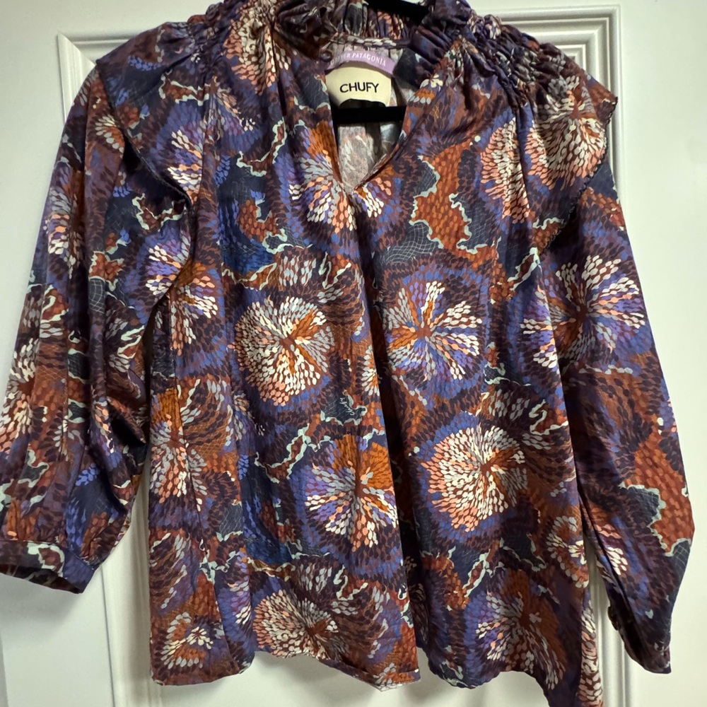 Chufy - Size XS - Women's Vibrant Purple and Brown Patterned Blouse